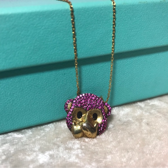 Gabi Rielle Pink Pave Rhinstones Sparkly Glam Cute Monkey Speak No Evil Necklace - Picture 3 of 9